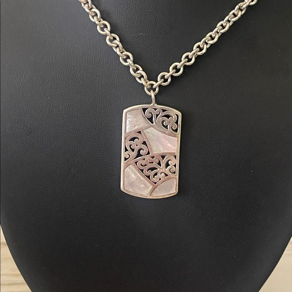 Lois Hill Sterling Silver Mother of Pearl Inlay Pendant Necklace 19”